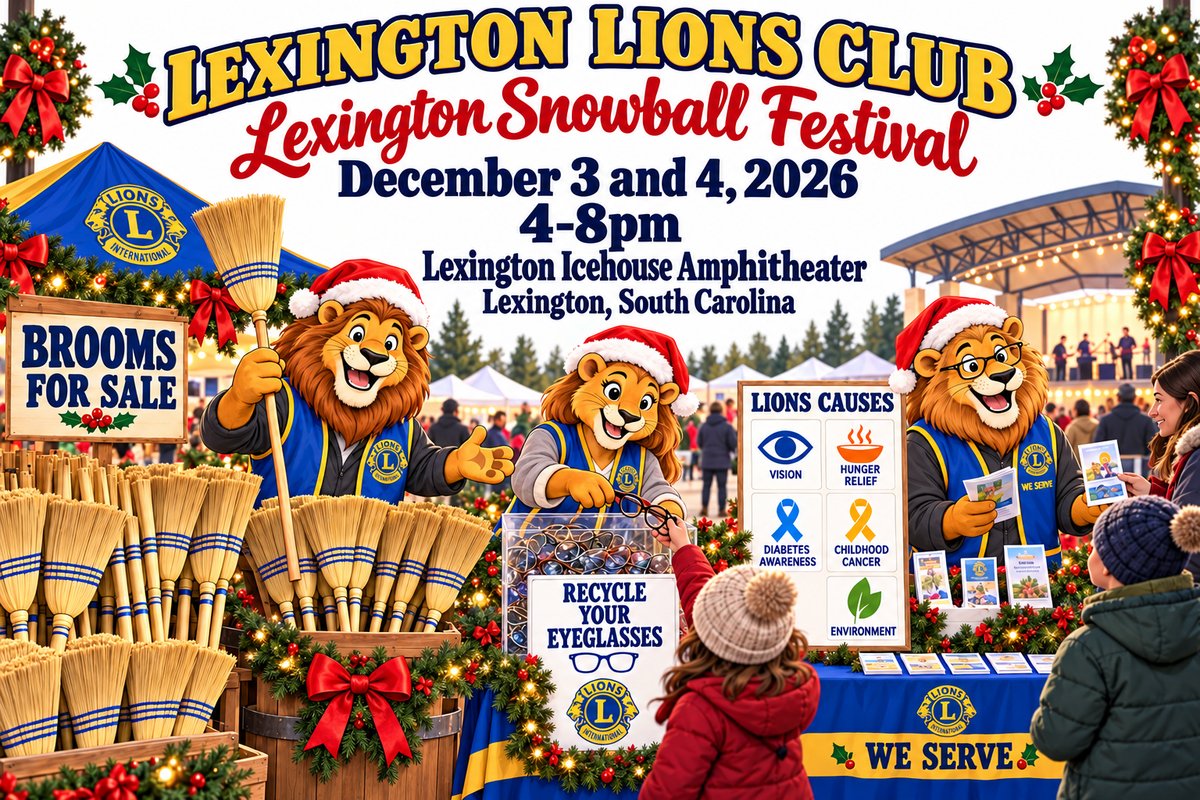 Lexington Lions Club Lexington Snowball Festival flyer, December 3 and 4, Lexington Icehouse Amphitheater, Lexington, South Carolina. Event details follow below.